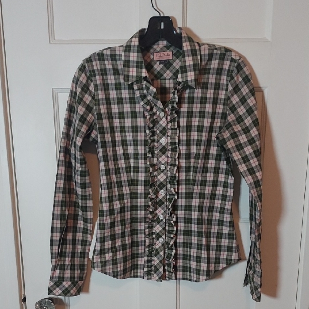 Thomas Pink Women's Plaid Ruffle Front Button Down Shirt Size 4